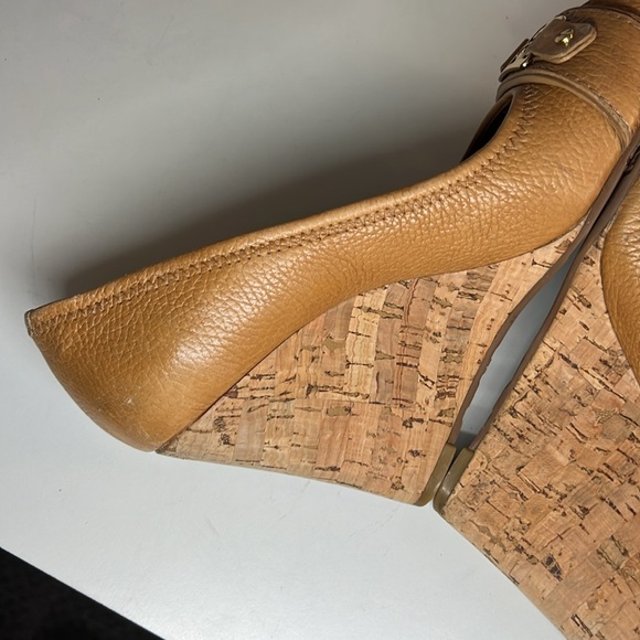 Tory Burch Carnell Royal Tan Leather Peep Toe Cork Wedge Women’s Size 10 M - Picture 12 of 15